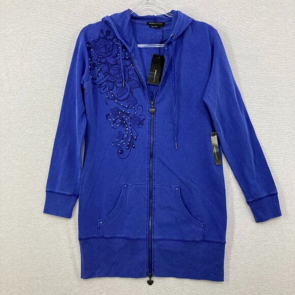 New BCBGMaxAzria Medium Blue Floral Beaded Hooded Y2K Full Zip Long Jacket - Picture 1 of 11